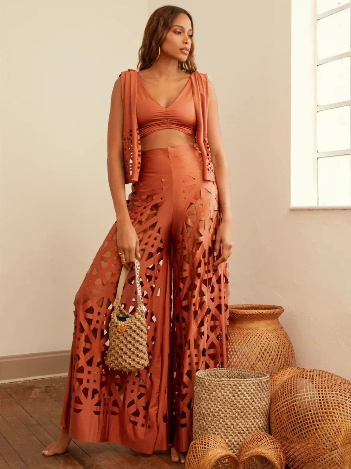 Push Up Bikini Set with Linen Three Piece Swimsuit orange2 / S