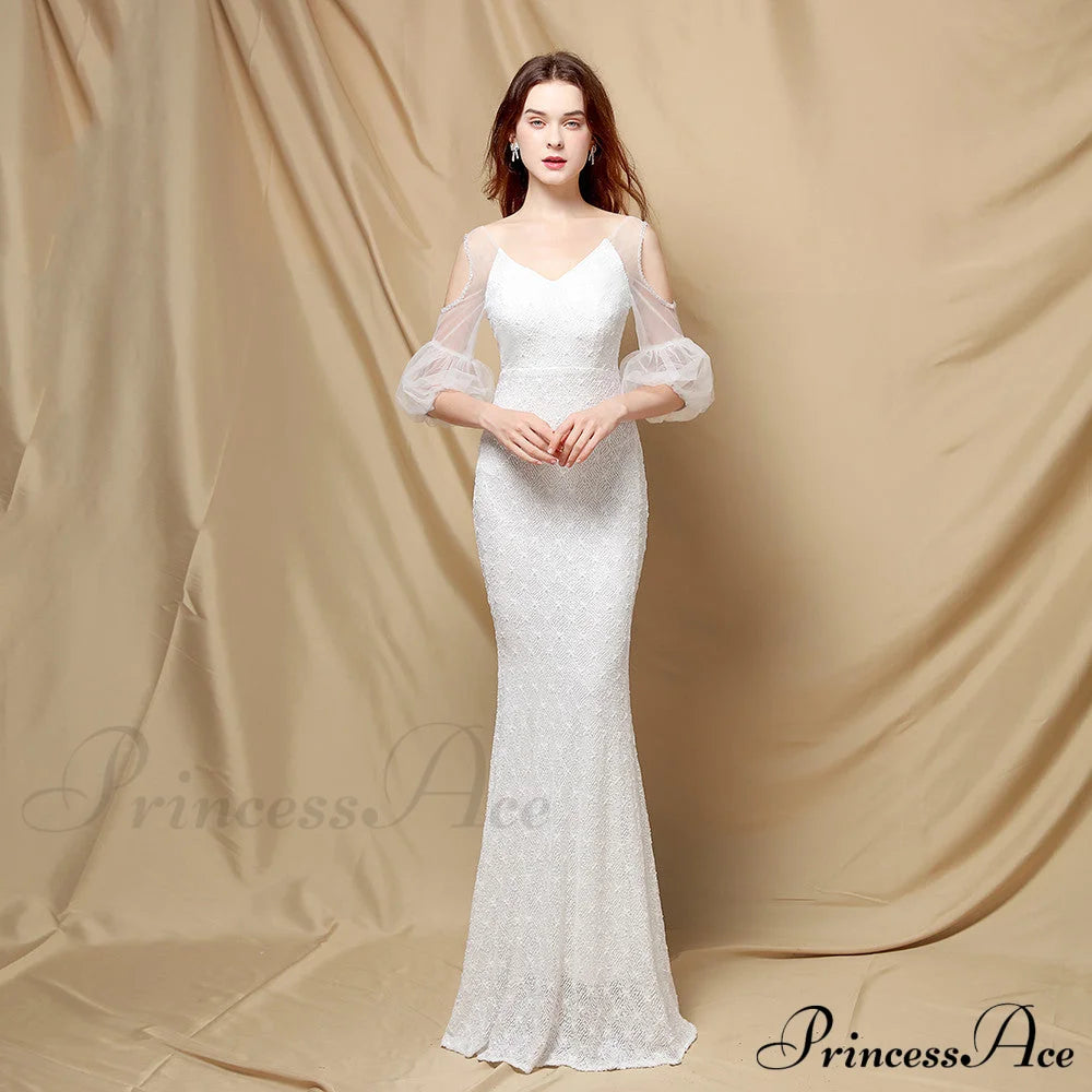 Quinn Sequin Scroll Charming Puff Sleeve Dress White / S S.o. Long Dresses