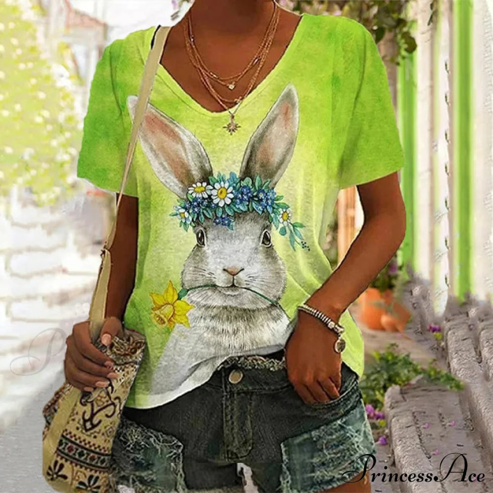 Rabbit Print Casual T-Shirt Green best Best Sellings clothes Plus Size Sale tops Topseller