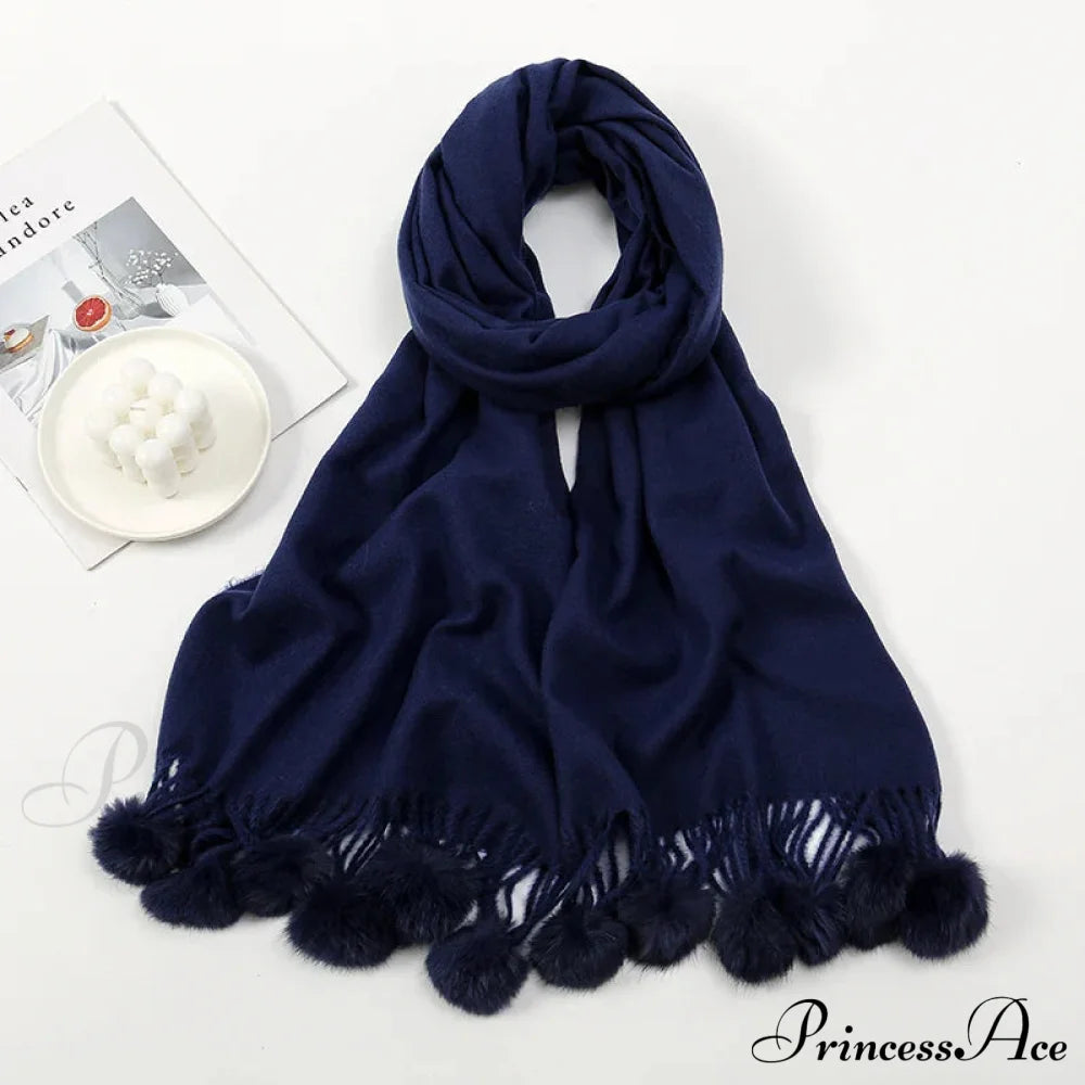 Rabbit Fur Ball Cashmere Pompom Oversize Blanket Scarf For Women Dark Blue Scarfs-L