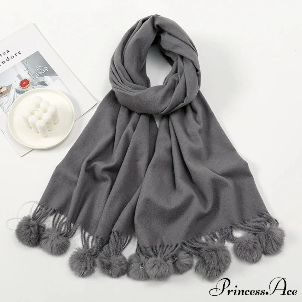 Rabbit Fur Ball Cashmere Pompom Oversize Blanket Scarf For Women Dark Grey Scarfs-L