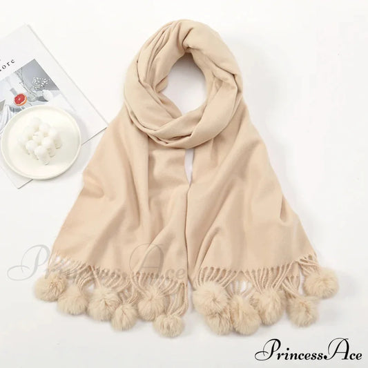 Rabbit Fur Ball Cashmere Pompom Oversize Blanket Scarf For Women Light Khaki Scarfs-L