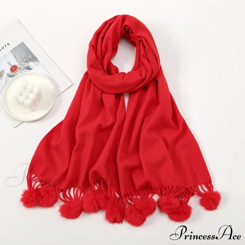 Rabbit Fur Ball Cashmere Pompom Oversize Blanket Scarf For Women Red Scarfs-L