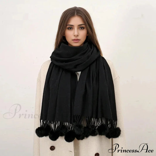 Rabbit Fur Ball Cashmere Pompom Oversize Blanket Scarf For Women Scarfs-L