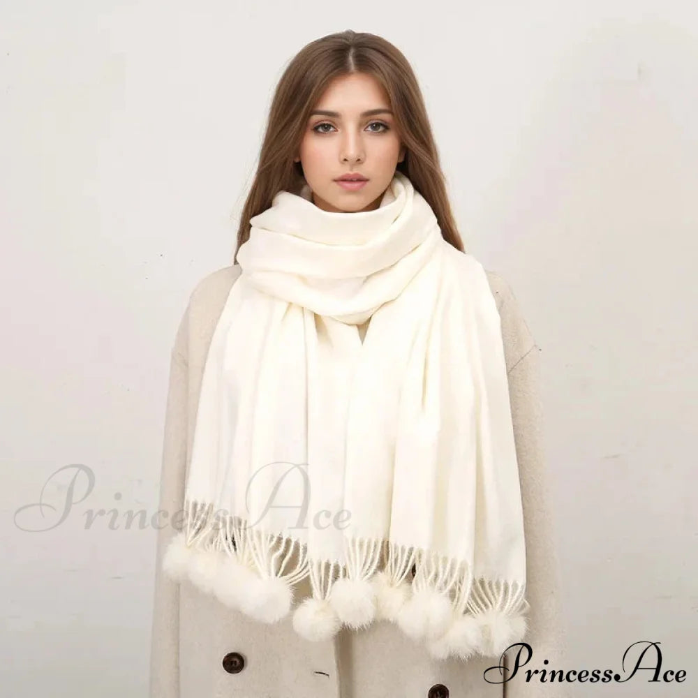 Rabbit Fur Ball Cashmere Pompom Oversize Blanket Scarf For Women Scarfs-L