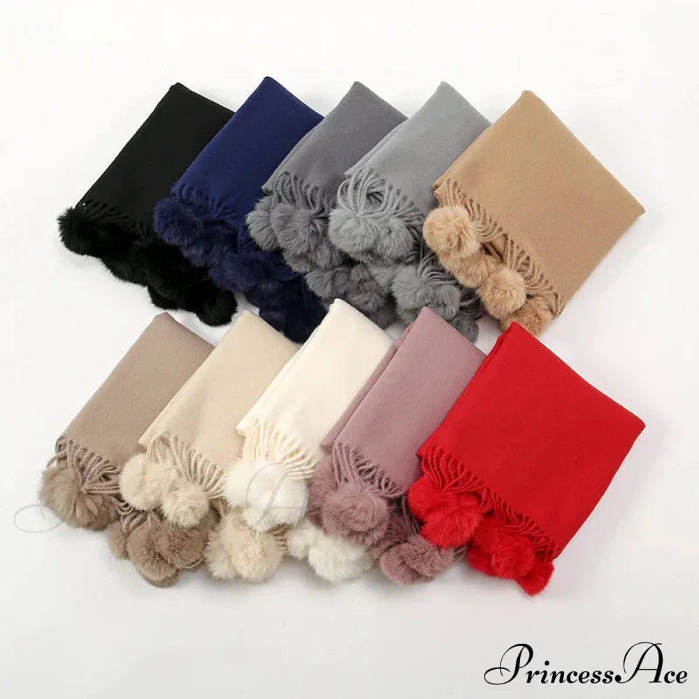 Rabbit Fur Ball Cashmere Pompom Oversize Blanket Scarf For Women Scarfs-L