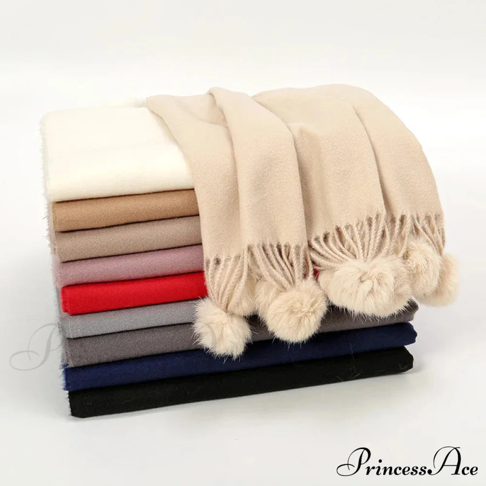 Rabbit Fur Ball Cashmere Pompom Oversize Blanket Scarf For Women Scarfs-L