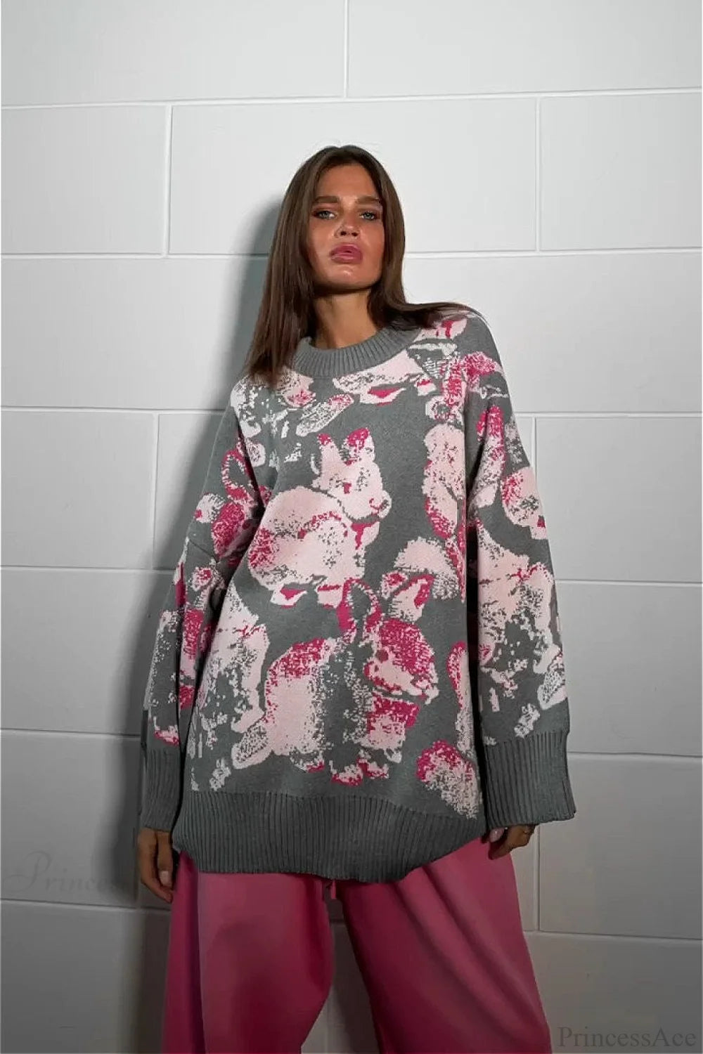 Rabbit Pattern Loose Lazy Colorblock Sweater