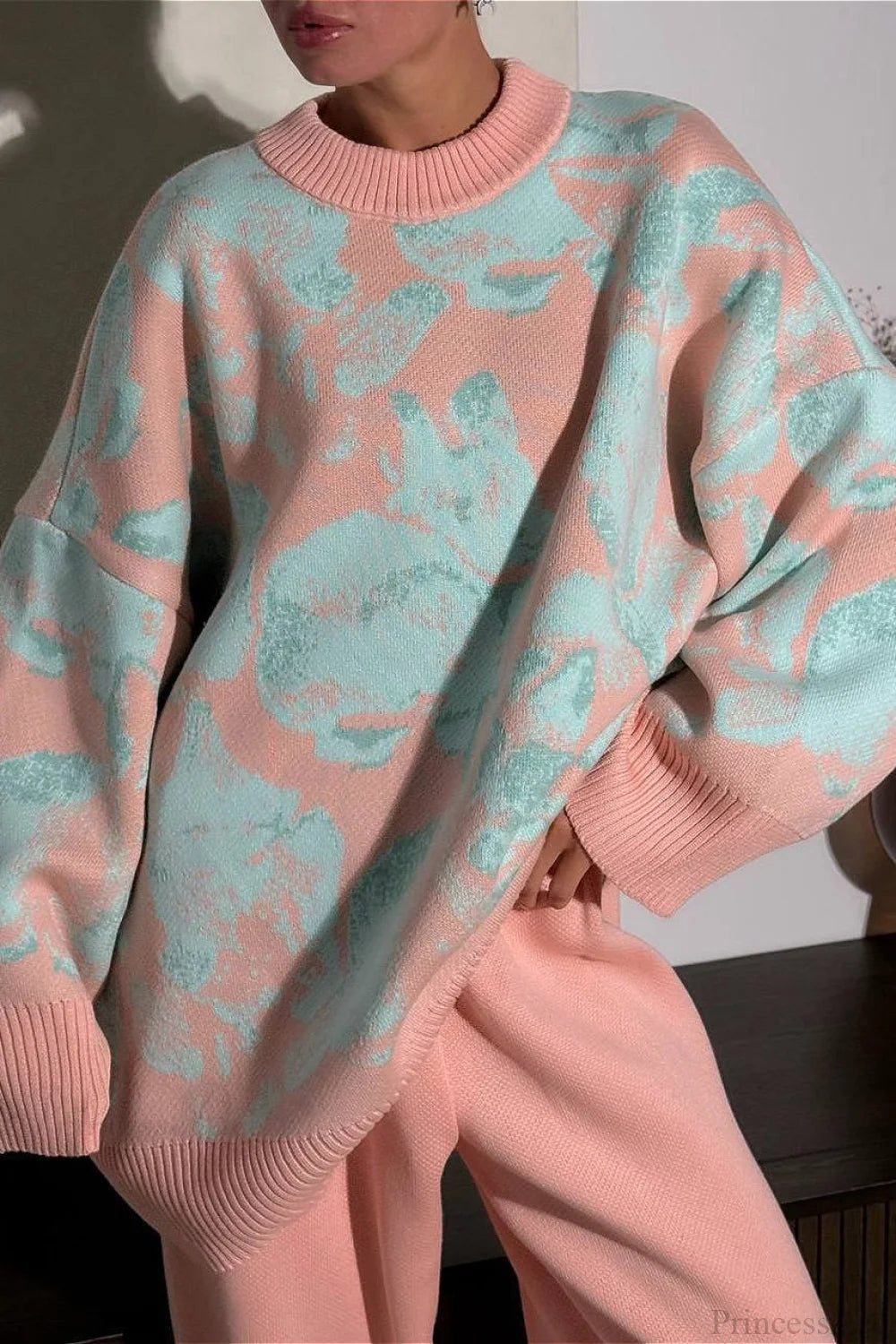 Rabbit Pattern Loose Lazy Colorblock Sweater Pink / S