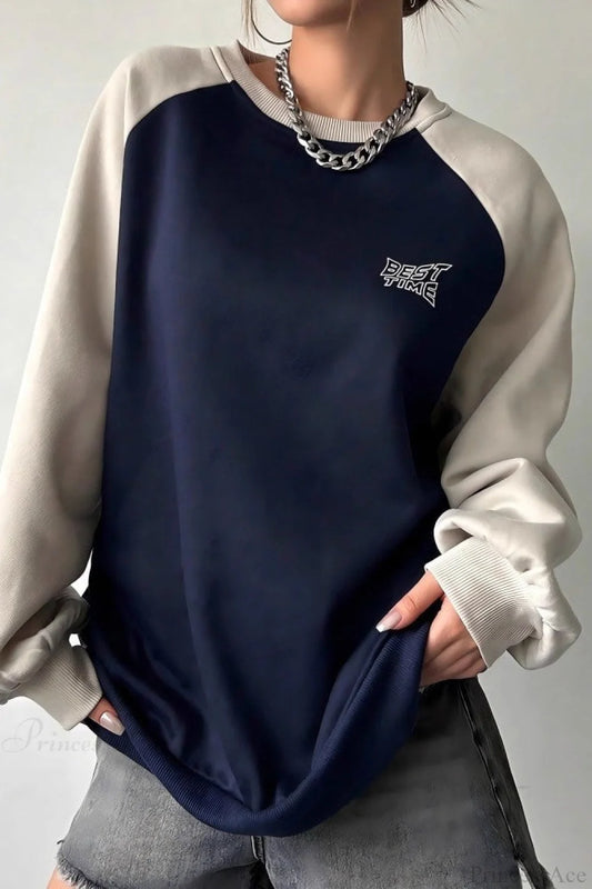 Raglan Sleeve Color Block Crew Neck Relaxed Sweatshirts