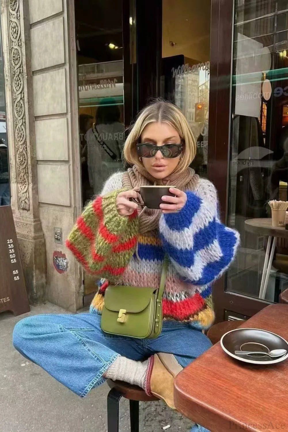 Rainbow Stripe Versatile Crewneck Long Sleeve Chic Knit Sweater Brown / S