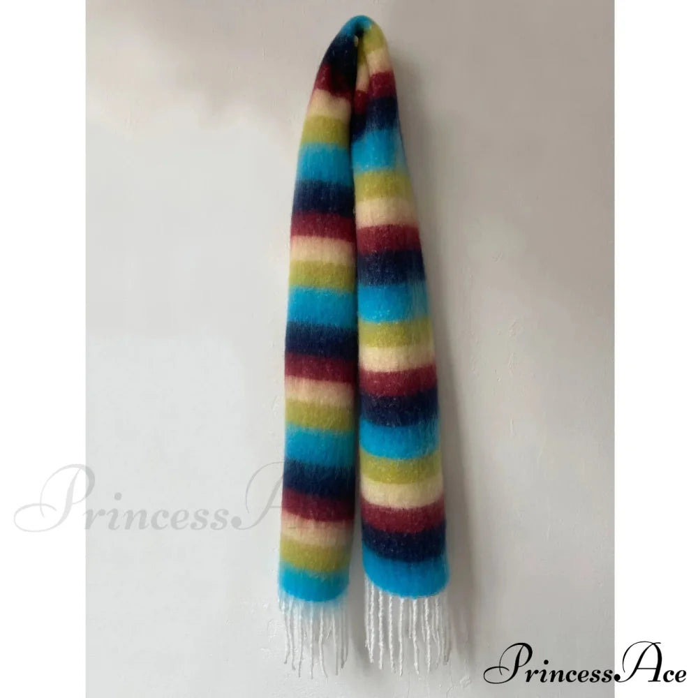 Rainbow Striped Thick Muffler Scarf For Autumn/Winter Warmth Blue-Navy / L214Cm W35Cm Scarfs-L