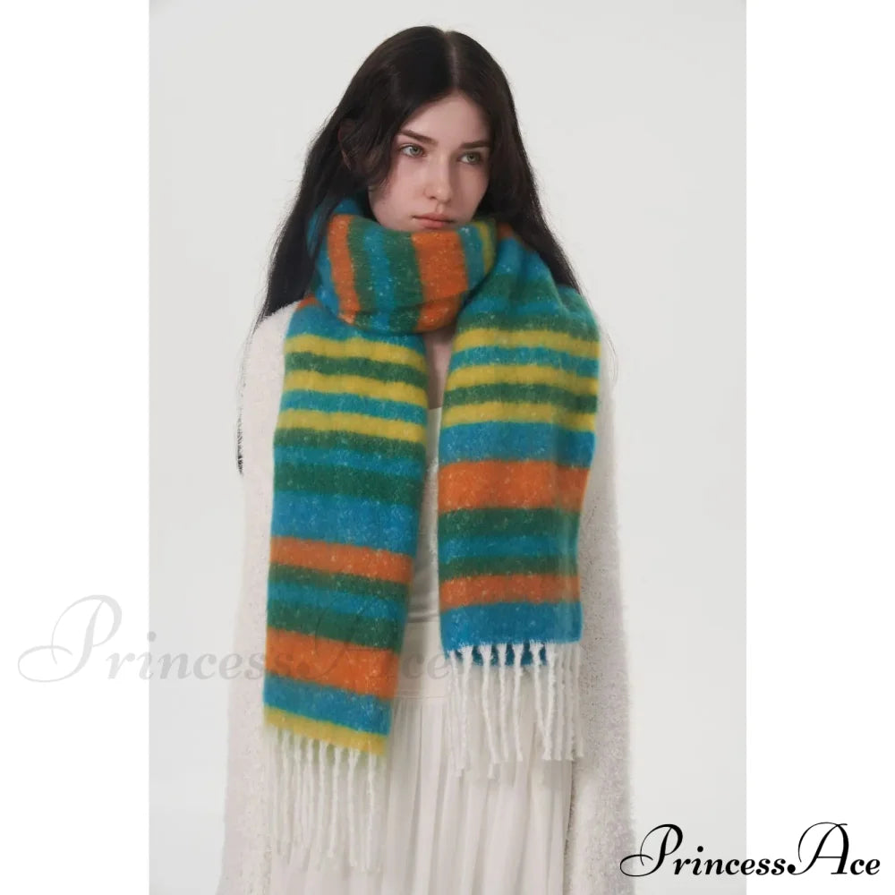 Rainbow Striped Thick Muffler Scarf For Autumn/Winter Warmth Green Blue Orange / L214Cm W35Cm