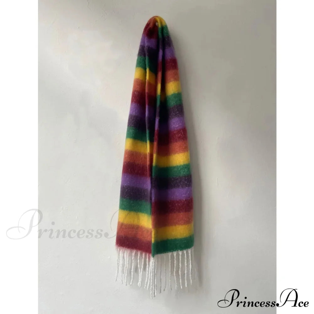 Rainbow Striped Thick Muffler Scarf For Autumn/Winter Warmth Green Purple / L214Cm W35Cm Scarfs-L