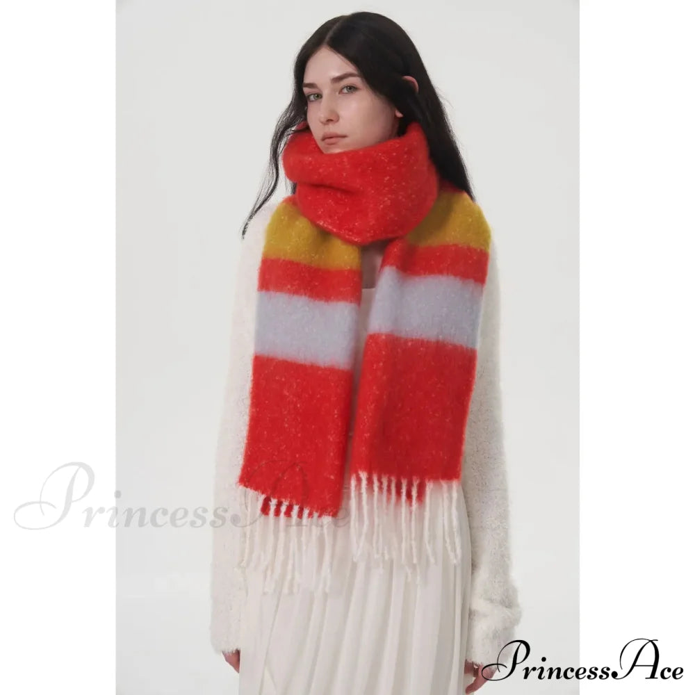 Rainbow Striped Thick Muffler Scarf For Autumn/Winter Warmth Red Purple / L214Cm W35Cm Scarfs-L