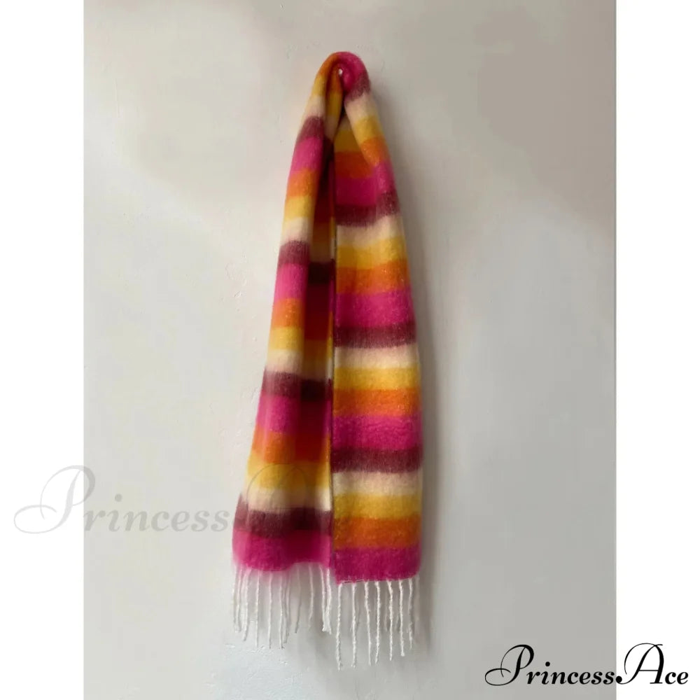 Rainbow Striped Thick Muffler Scarf For Autumn/Winter Warmth Rose Orange / L214Cm W35Cm Scarfs-L