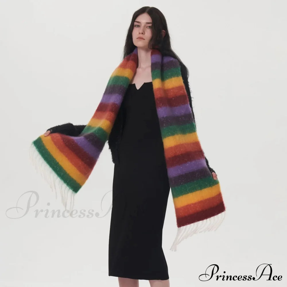 Rainbow Striped Thick Muffler Scarf For Autumn/Winter Warmth Scarfs-L