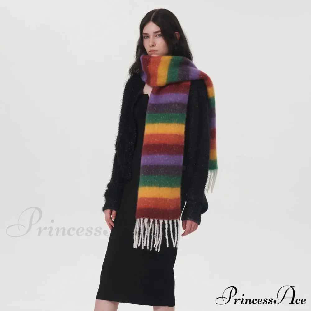 Rainbow Striped Thick Muffler Scarf For Autumn/Winter Warmth Scarfs-L