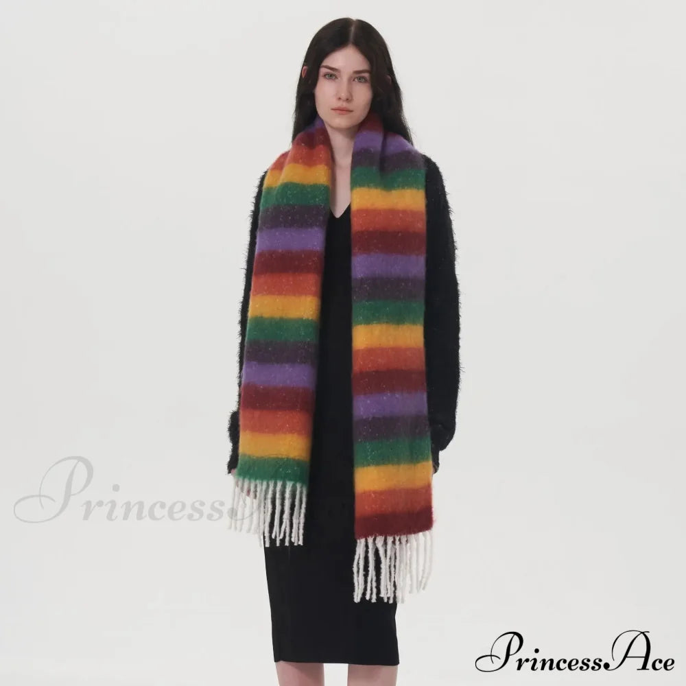 Rainbow Striped Thick Muffler Scarf For Autumn/Winter Warmth Scarfs-L