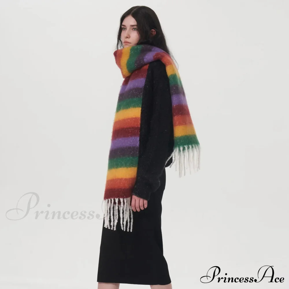 Rainbow Striped Thick Muffler Scarf For Autumn/Winter Warmth Scarfs-L