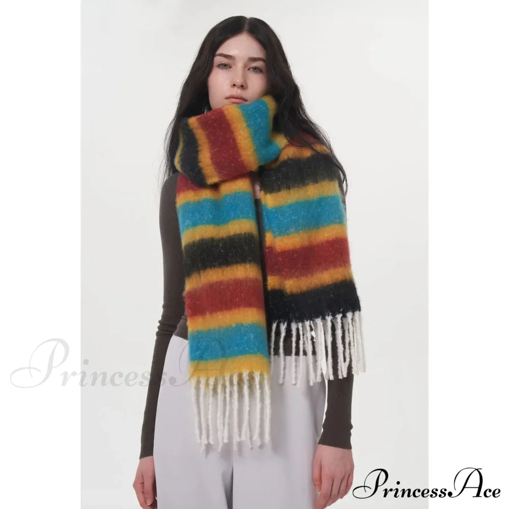 Rainbow Striped Thick Muffler Scarf For Autumn/Winter Warmth Wine Red - Black / L214Cm W35Cm