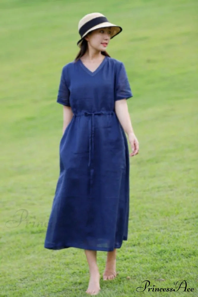 Ramie Dress In Blue / M Midi Dresses