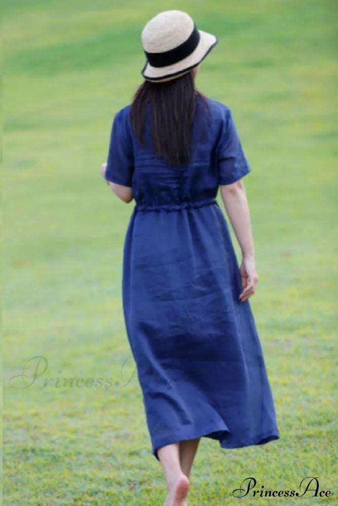 Ramie Dress In Blue Midi Dresses