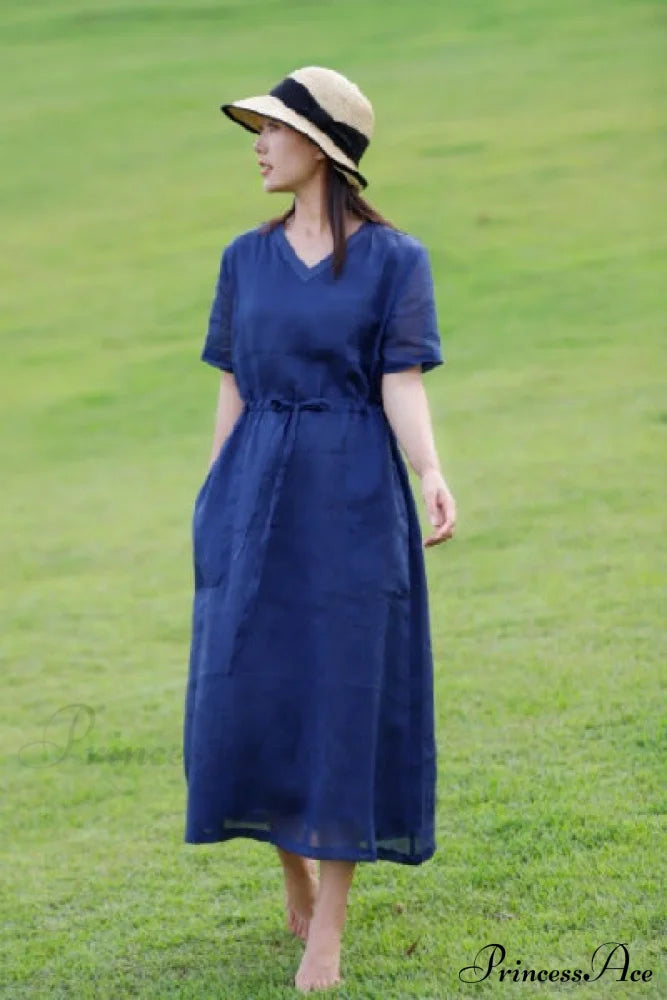 Ramie Dress In Blue / Xl Midi Dresses