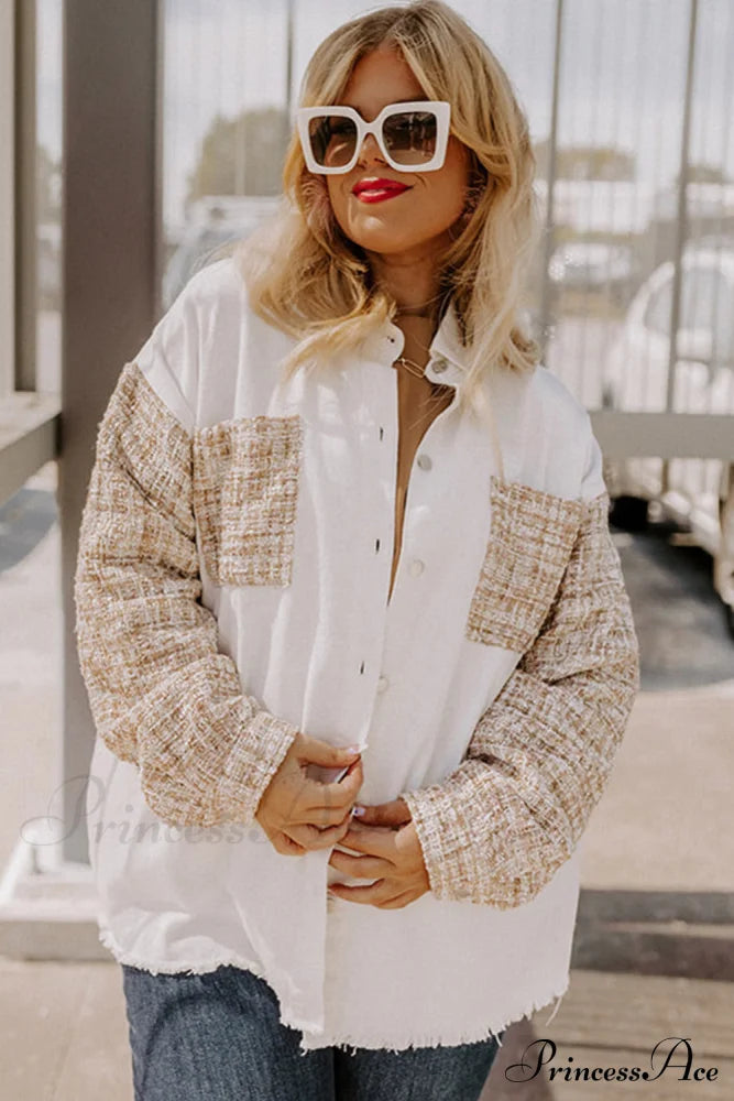 Raw Plus Tweed Size Down White Patchwork Blouse Hem Button Jacket