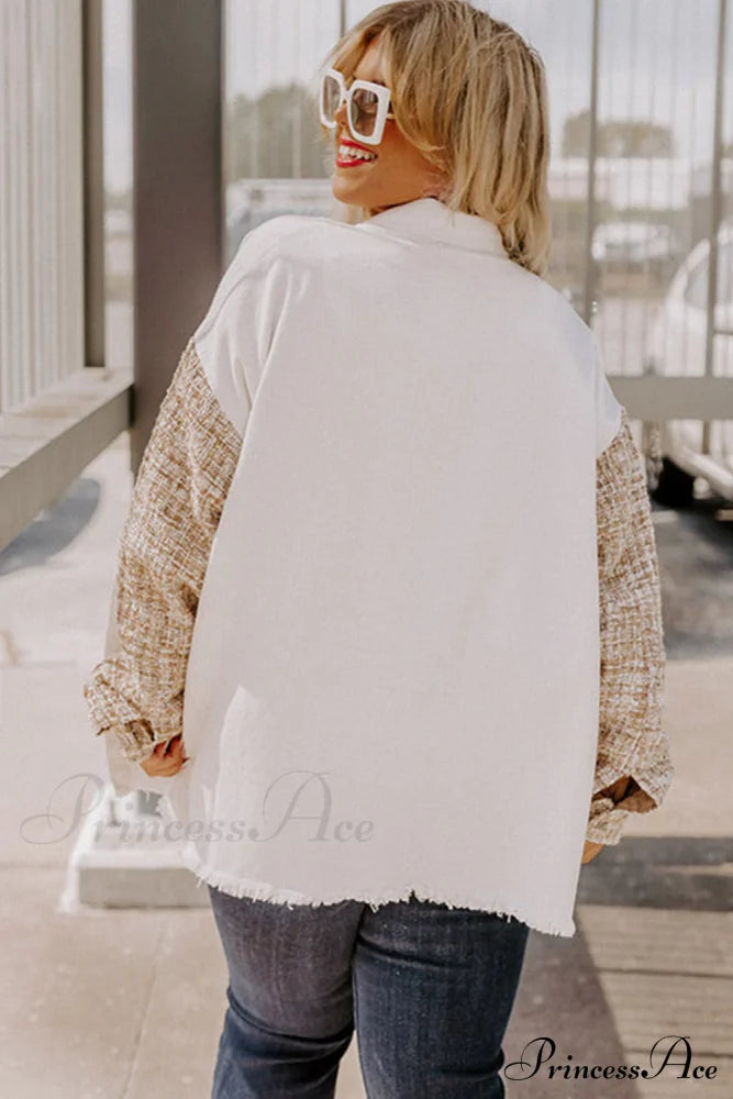 Raw Plus Tweed Size Down White Patchwork Blouse Hem Button Jacket