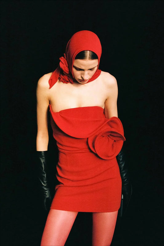 Red 3D Floral Strapless Fitted Party Dress Red / XS