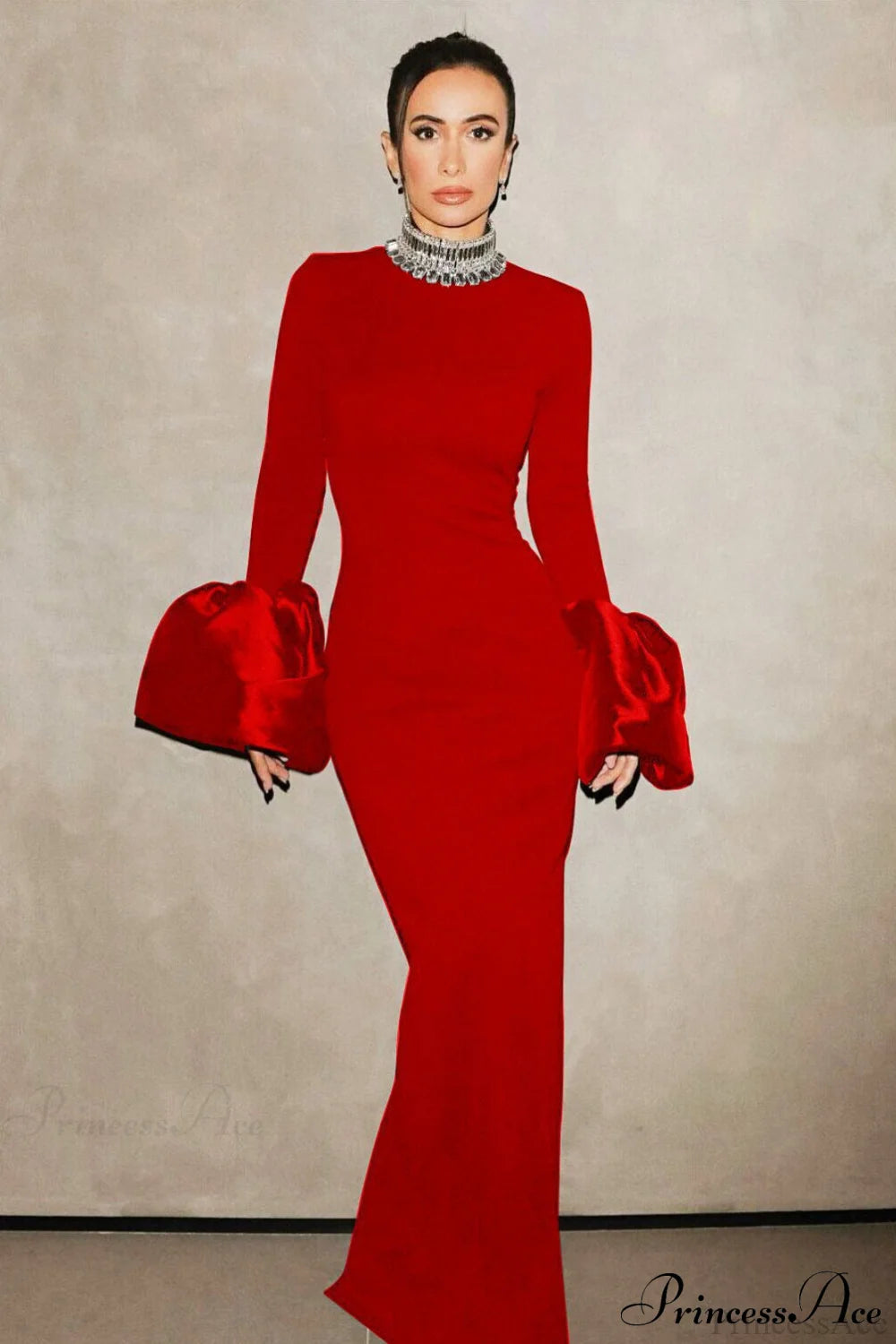 Red Bandage Flared Long Sleeves Party Dress Red / XS