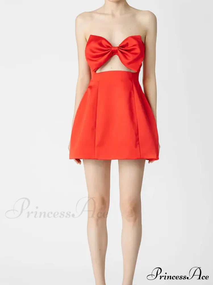 Red Bow Hollow Satin Strapless Party Dress Partydress-241208