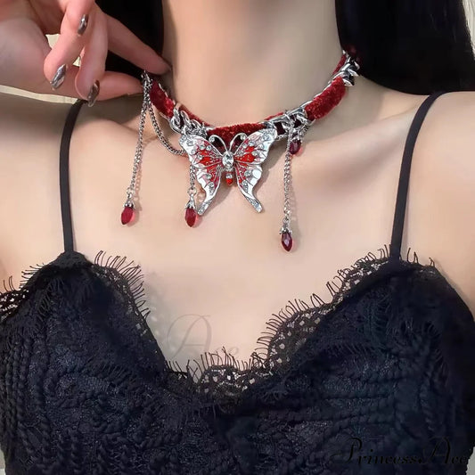 Red Butterfly Versatile Tassel Choker Necklace Red Halloween