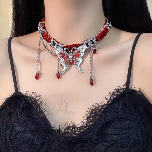 Red Butterfly Versatile Tassel Choker Necklace Halloween