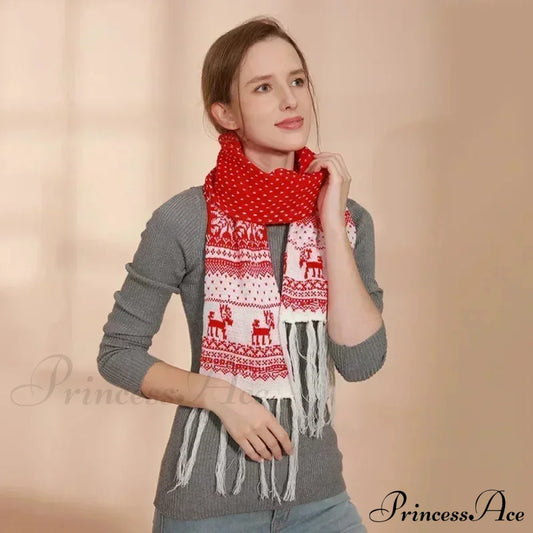 Red Cartoon Reindeer Snowflake Warm Scarf For Christmas Scarfs-L