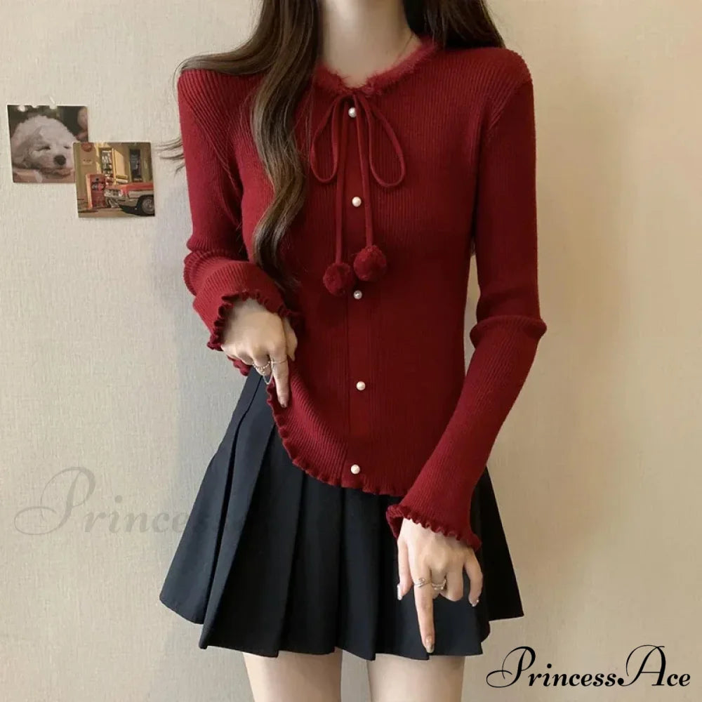 Red Christmas Solid Bow Drawstring Elegant Slim O-Neck Warm Sweater / S Sweaters-L