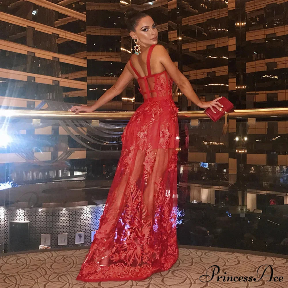 Red Color Celebrity Fashion Sleeveless Sexy Backless Lace Long Dress Christmas Party Dresses-L