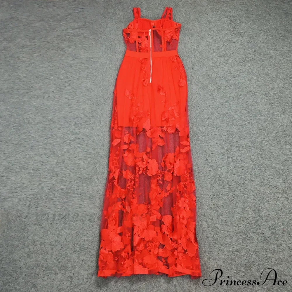 Red Color Celebrity Fashion Sleeveless Sexy Backless Lace Long Dress Christmas Party Dresses-L