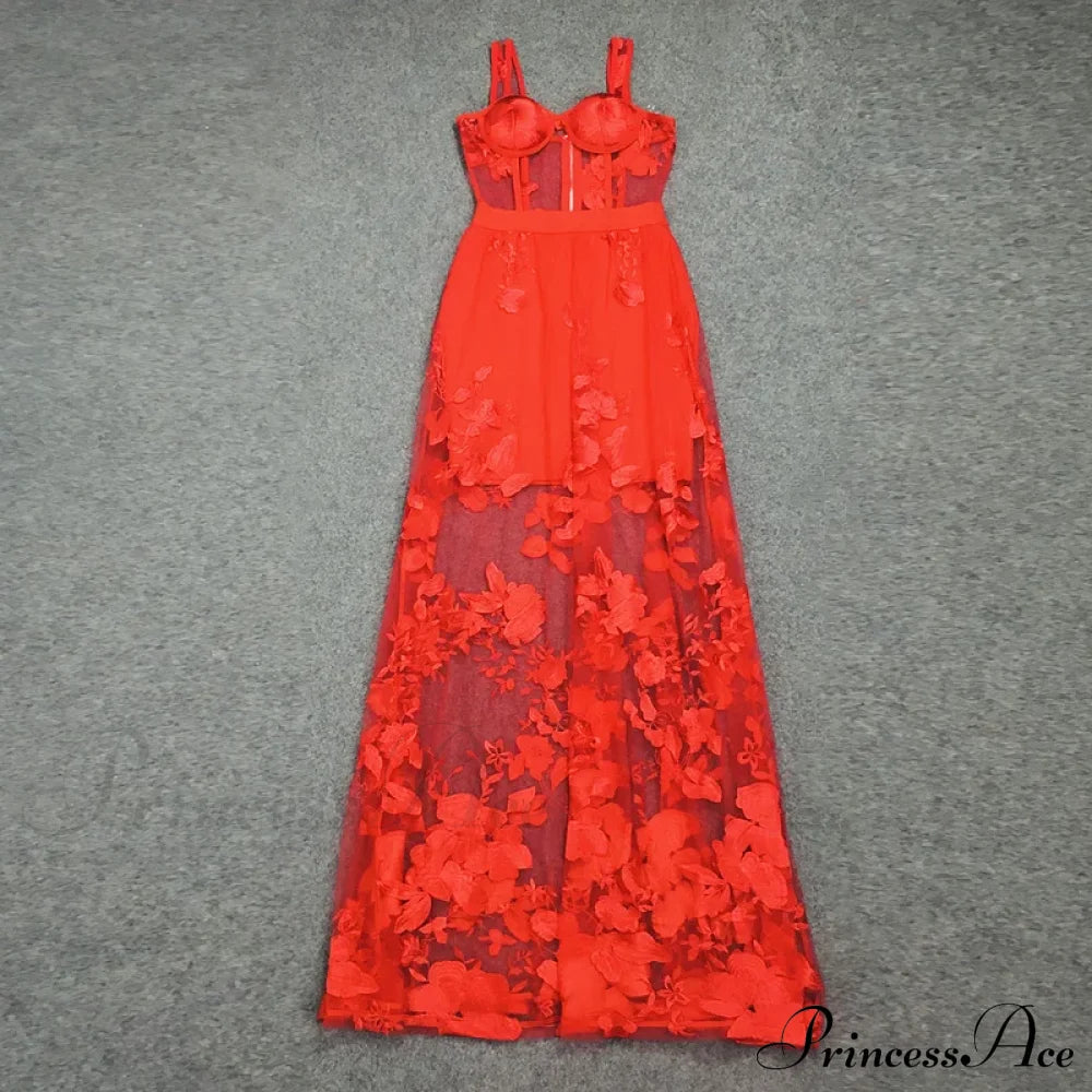 Red Color Celebrity Fashion Sleeveless Sexy Backless Lace Long Dress Christmas Party Dresses-L