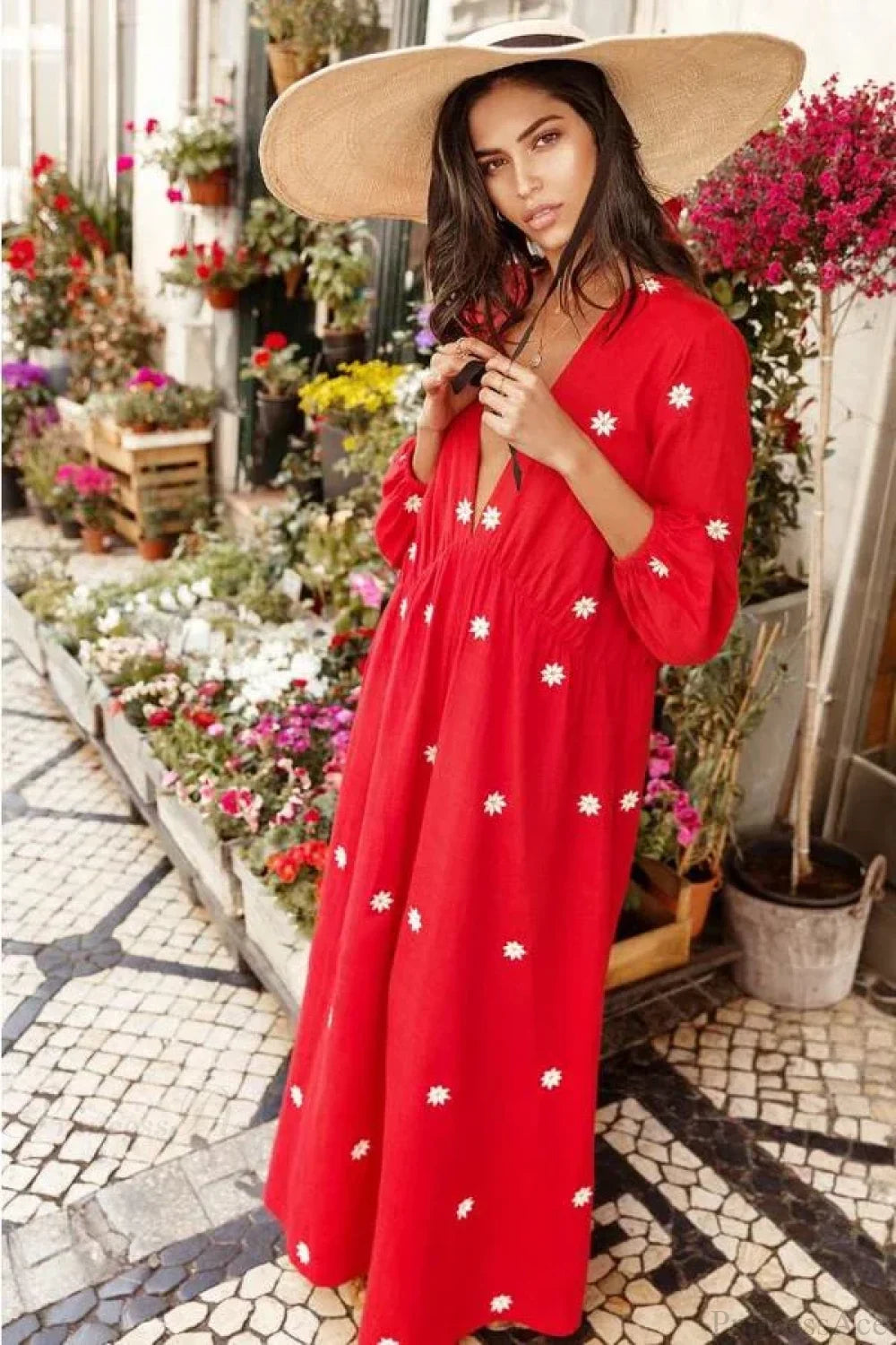 Red Cotton Maxi Dress bohodress-250126