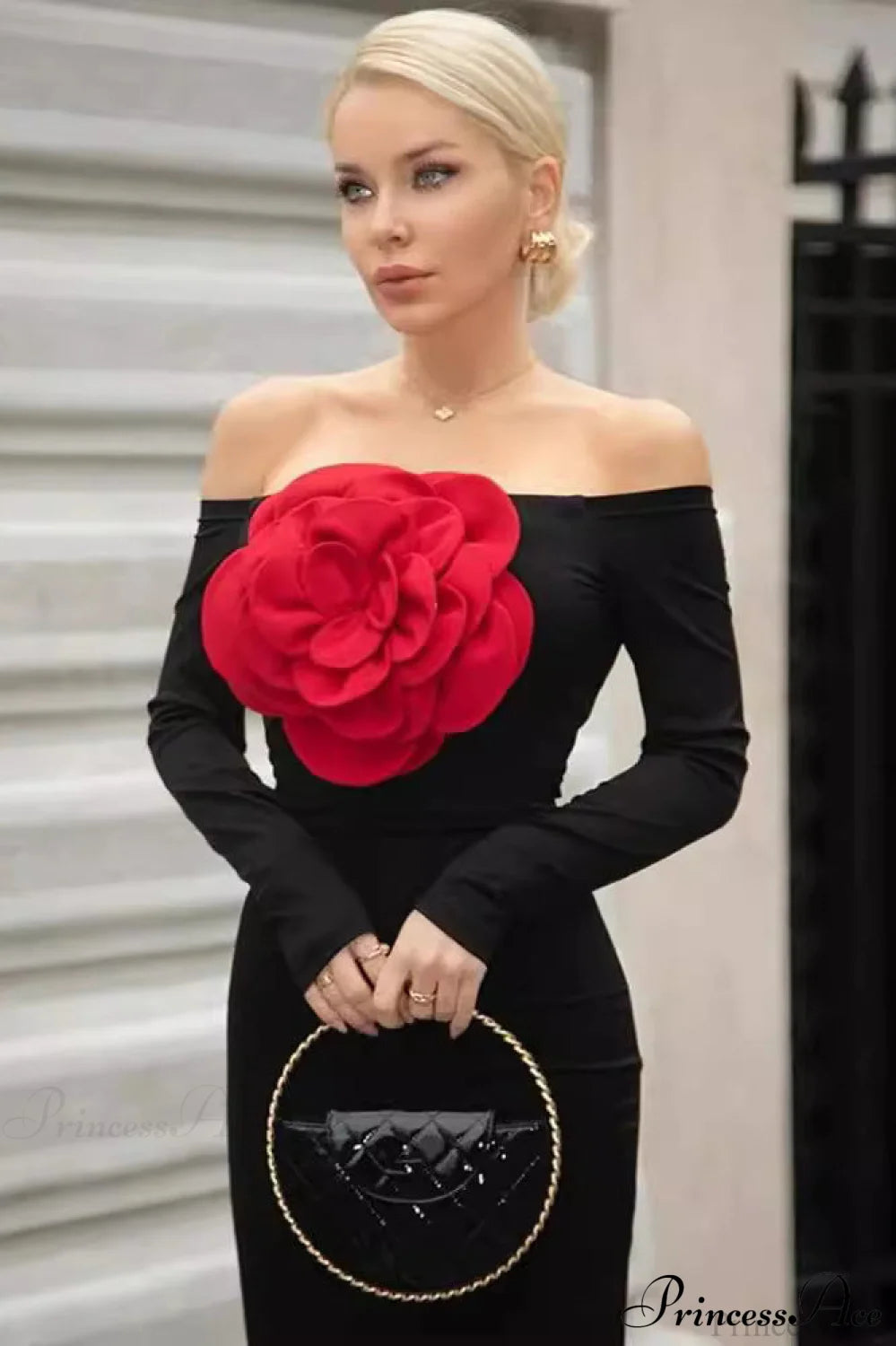 Red Floral Bandage Off Shoulder Long Sleeve Party Dress