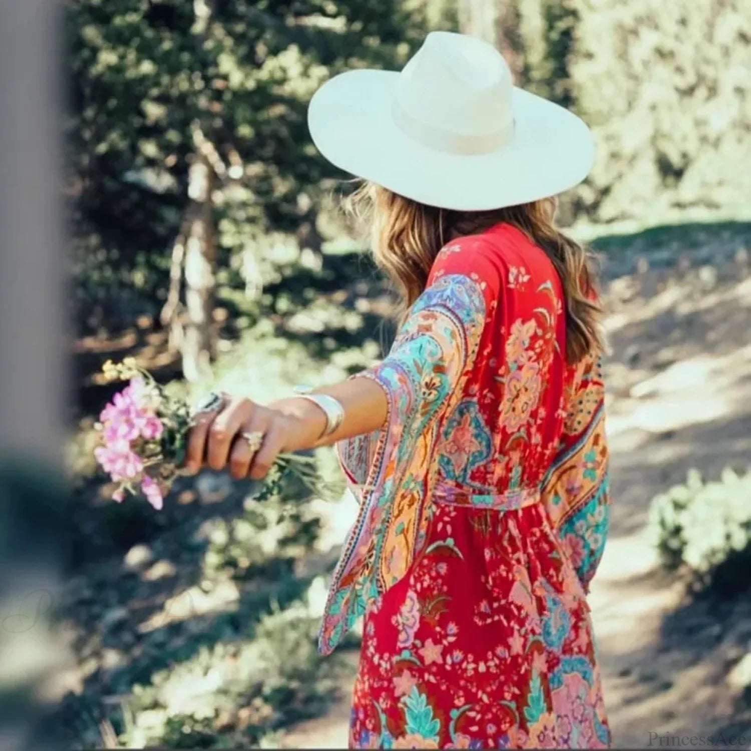 Red Floral Bat Sleeve V-neck Kimono Cover-up Boho Dress Red / S bohodress-250126