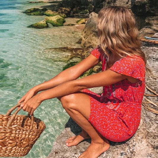 Red Floral Print Boho Mini Dress bohodress-250126