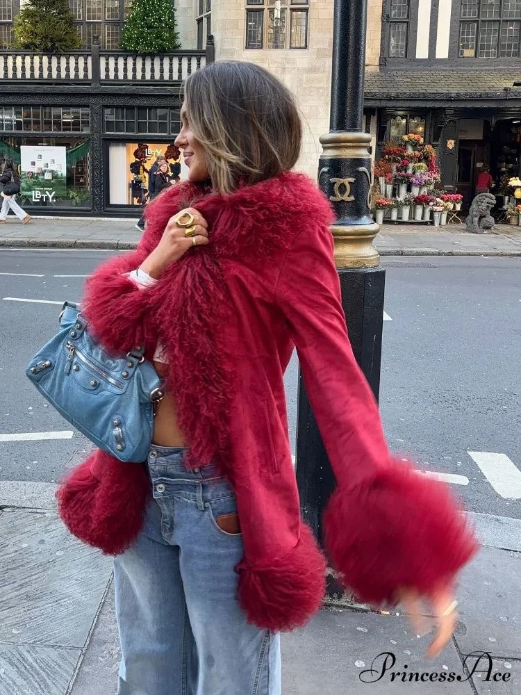 Red Fluffy Faux Fur Splicing Coat Coats-241208