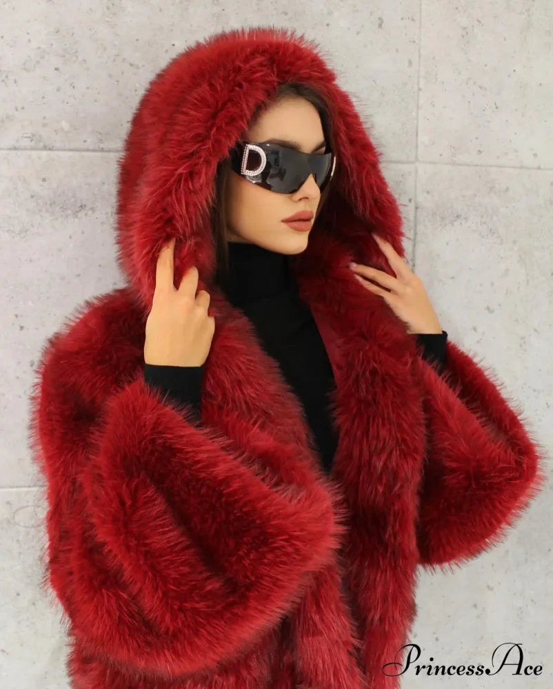 Red Fluffy Faux Fur Turn-Down Coat Coats-241208