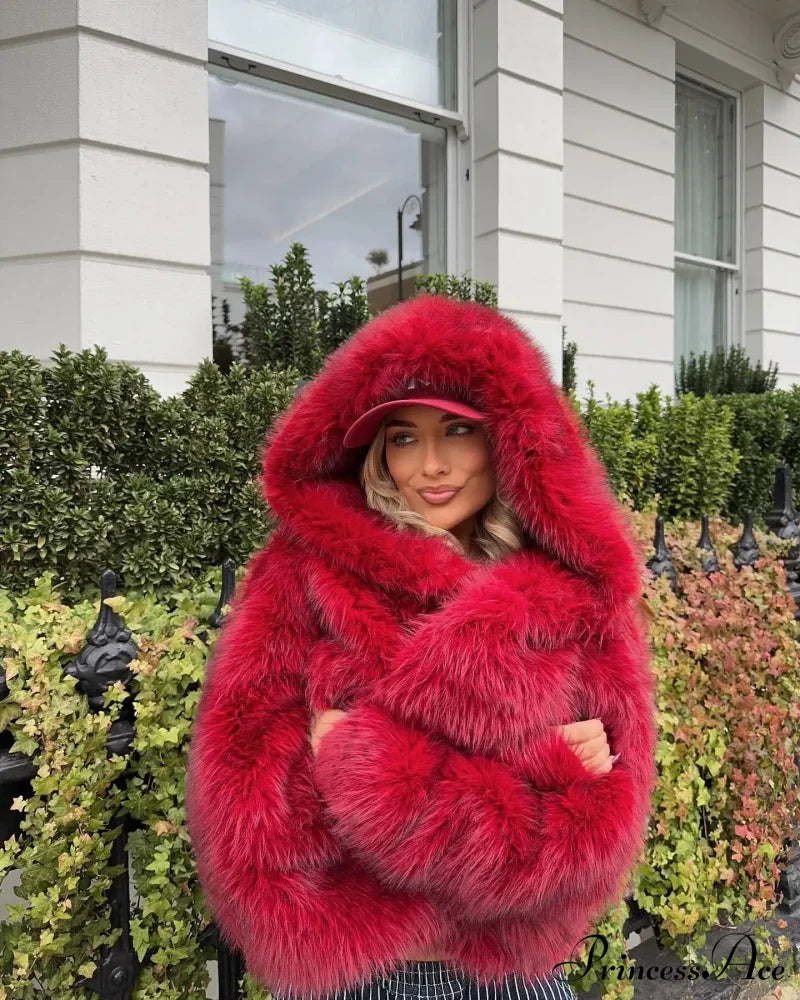 Red Fluffy Faux Fur Turn-Down Coat Coats-241208