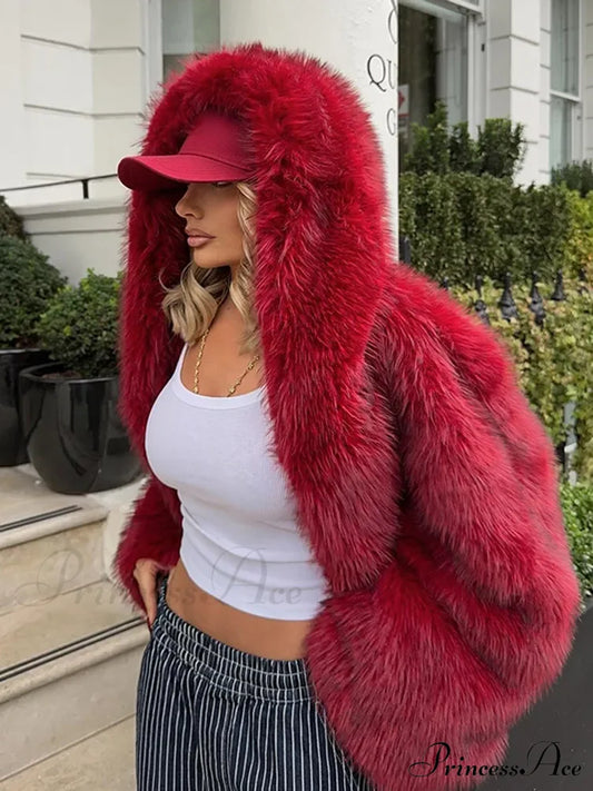 Red Fluffy Hooded Faux Fur Coat Coats-241208