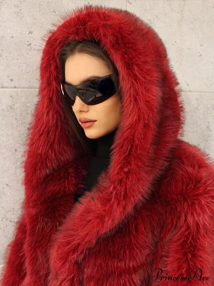 Red Fluffy Hooded Faux Fur Coat Coats-241208