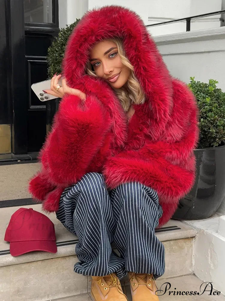 Red Fluffy Hooded Faux Fur Coat Coats-241208